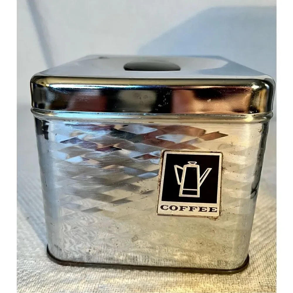 Vintage 4 Piece MCM Chrome/Black Wavy Diamond Textured Canister Set READ